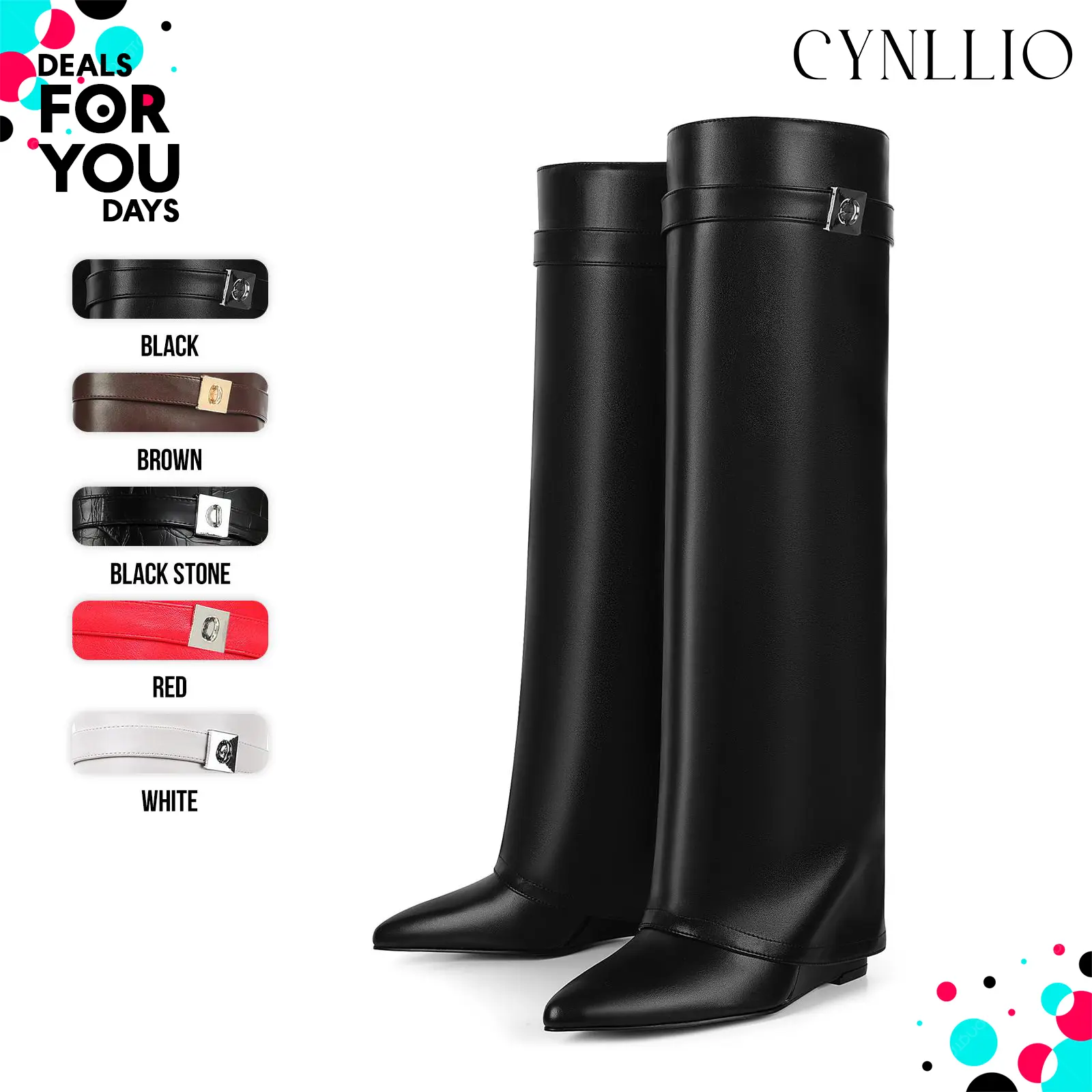 CYNLLIO Fold Over Knee High Boots for Women Wedge Heel Almond Toe Shark Boots Wide Calf Pull-on Side Zipper Comfy Dating Outing Dress Spring Summer Fashion Boots Deals For You Days