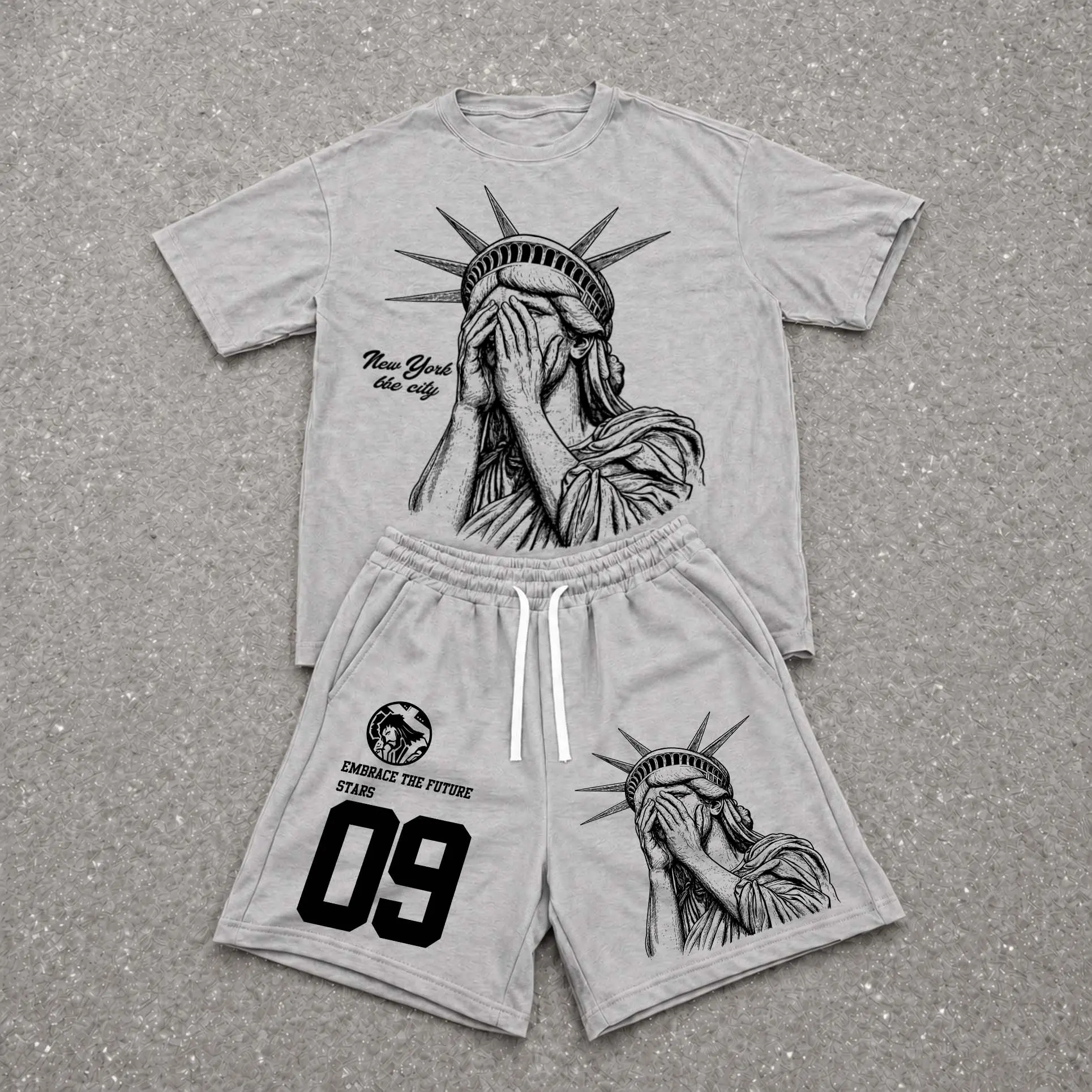 Men’s Summer 2 Piece Set, Hiphop Street Style 09 Christ Letter Print Short Sleeve T Shirt and Drawstring Shorts Matching Outfit, Lightweight Breathable Casual Set for Travel, Streetwear, Beach, Vacation, and Daily Wear