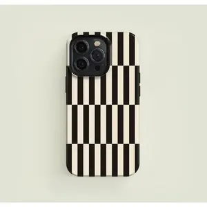 Tall Checkered Black & Cream Tough iPhone Case Premium Film 2 in 1 Phone Case - Durable, Shock Absorbing and Stylish Protection - Compatible with iPhone 16, 15, 14, 13, 12, 11, Plus, Pro, 17 Pro Max, Perfect birthday gift for friends.