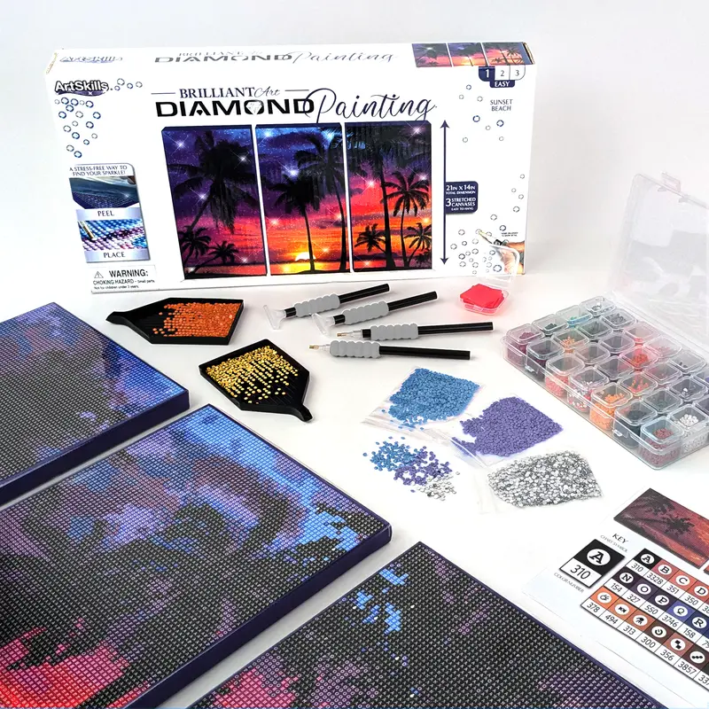 ArtSkills Sunset in Paradise Diamond Painting Kit on Stretched Canvas 21" x 14" - Complete Professional Diamond Art Set w/ Storage and Accessories