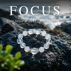 LUMAWU Metal Element 12mm Natural Stone Bracelet | White Phantom Quartz & Agate Beads for Clarity, Focus & Self-Discipline Gift