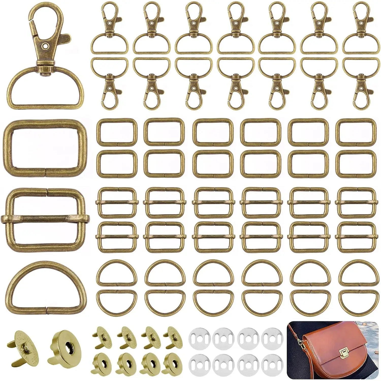 100pcs Multi-Hardware Bag Making Buckles Assortment Kit - Durable Fabric Components with Strong Snap Force for DIY Projects, Tote Bags - Includes Swivel D-Ring Hooks, Clasps, Slide Buckles, Snap Buttons, Key Chains, Rust Resistant