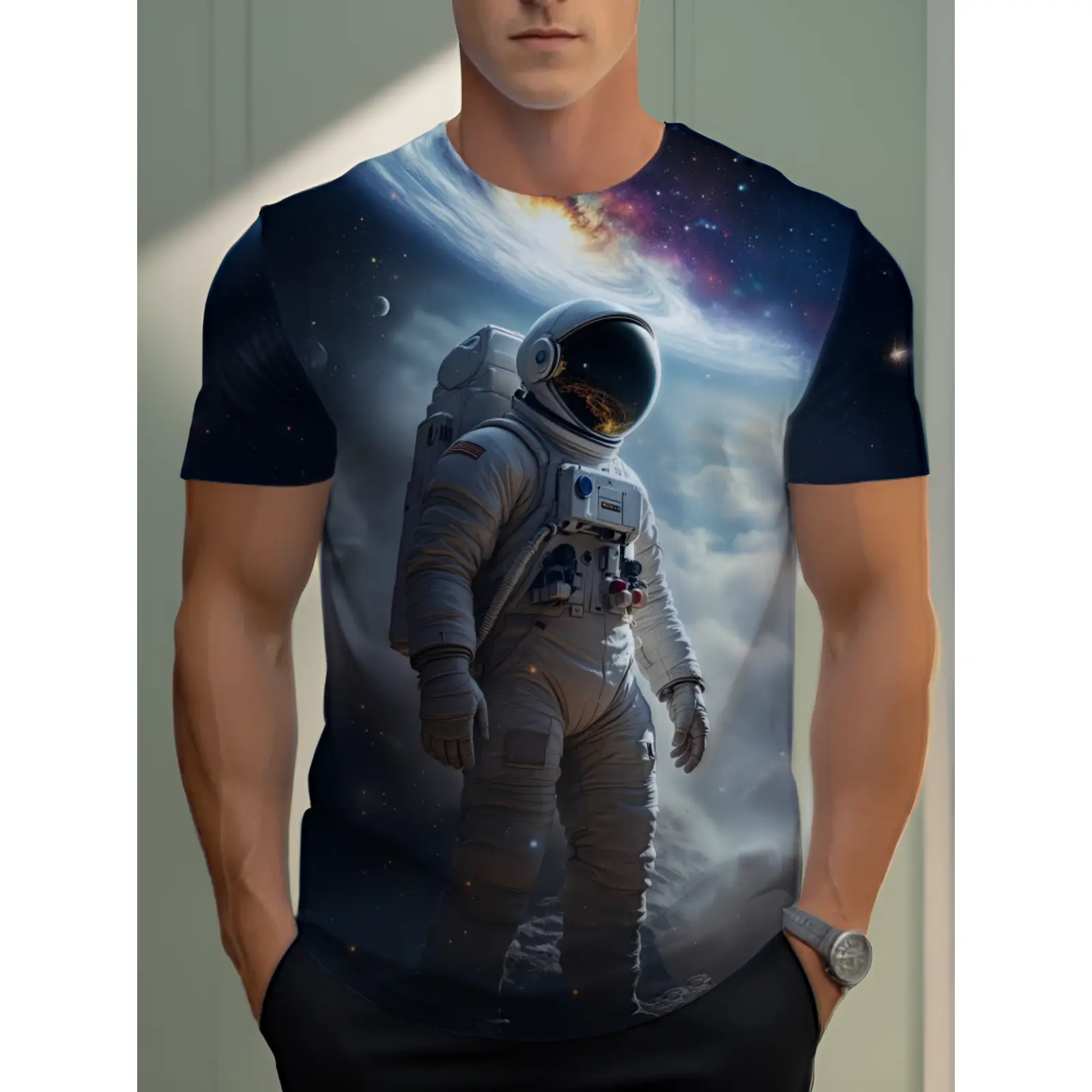 Unisex 3D Printed Astronaut T-Shirt Full Body Planet Pattern Lightweight Breathable Polyester Fiber Round Neck Casual Tee for Astronomy Sci-fi Fans Home Office Party Attire, PLUS SIZE