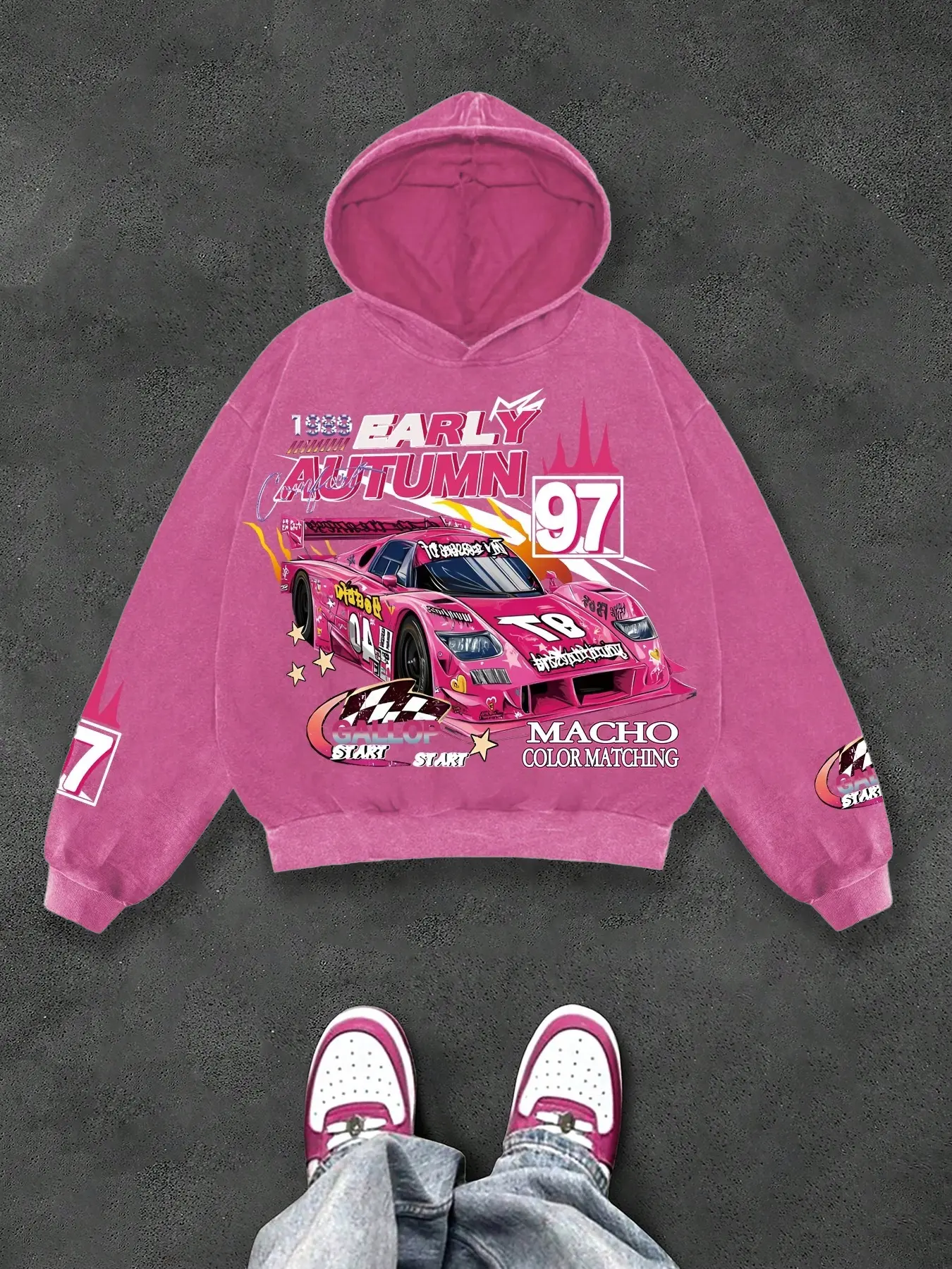 Unisex, Vintage Street Style EARLY AUTUMN 97 Number and Pink Supercar Print Washed cotton Casual Graphic Long Sleeve Fitted Hoodie, street racing elements, streetwear enthusiasts, racing culture lovers, Casual Hooded Sweatshirts