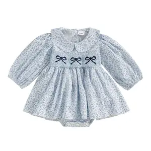 Toddler Newborn Baby Girl Romper Dress Bow Embroidery Floral Doll Collar Long Sleeve Smocked Jumpsuits