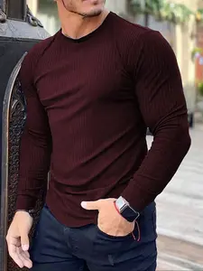 Men's Autumn Casual Fashion Long Sleeve T-Shirt, Fitted Style, Thin Ribbed Knit Fabric, All Seasons Wear, Stylish and Versatile Base Layer Top, Casual Wear Clothing, Menswear