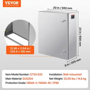 VEVOR Steel Electrical Box, 24x 20x 8, 304 Stainless Steel Electrical Enclosure Box, Wall-Mounted Outdoor Electrical Electronic Equipment Enclosure with Mounting Plate Hinges Lock, IP66 Waterproof