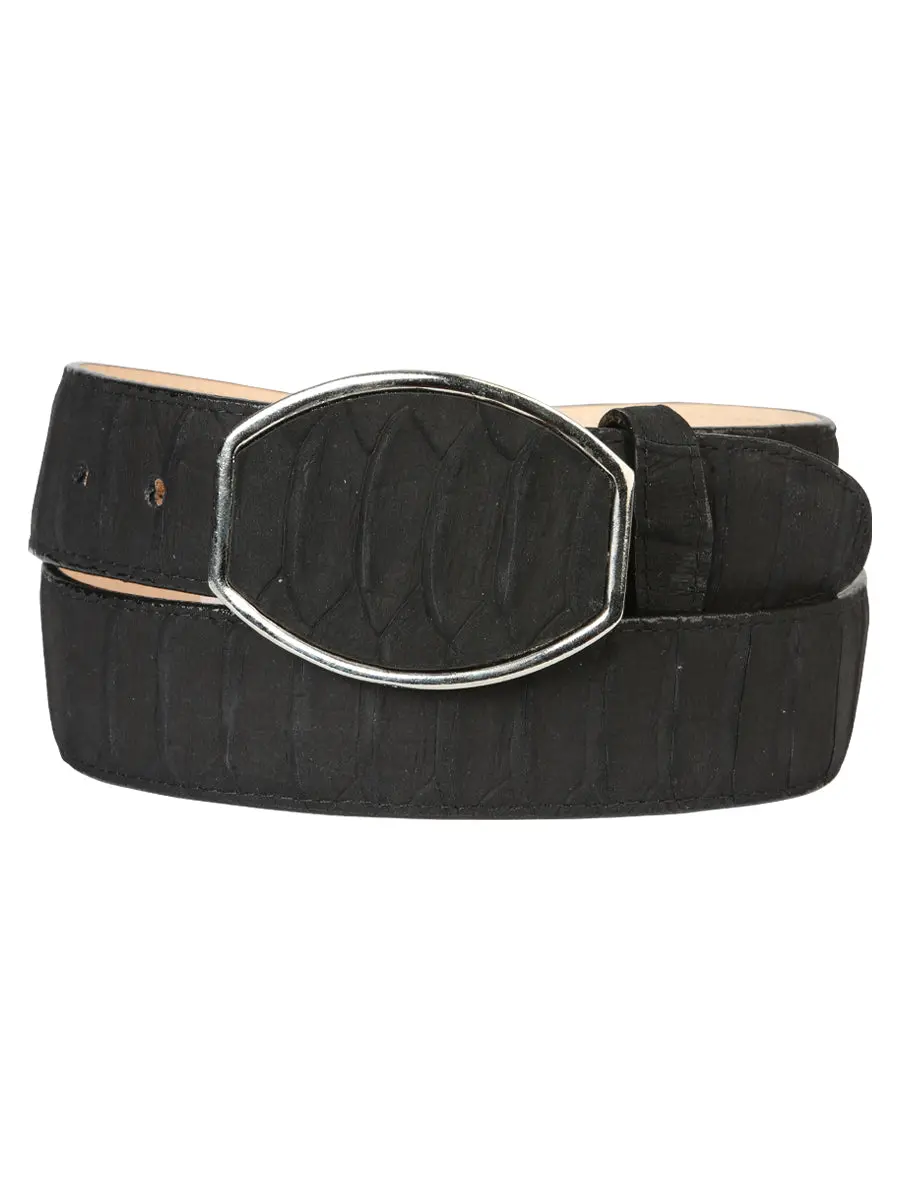 Artisan Western Men's Belt in Matte Black Python Print Leather with Hexagonal Buckle and Inlay, Wide Strap Construction, Standard Sizes