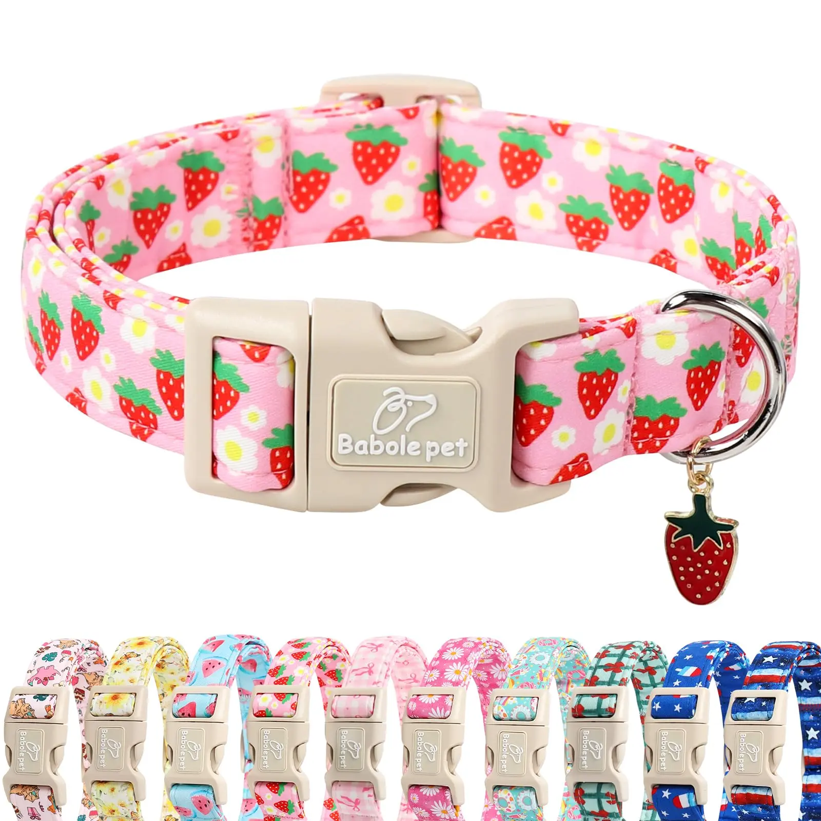 Babole Pet Cute Adjustable Pink Strawberry Summer Spring Dog Collar for Small Puppy Dogs, Lightweight Quick-Release Buckle Collar for Boy & Girl Dogs XS