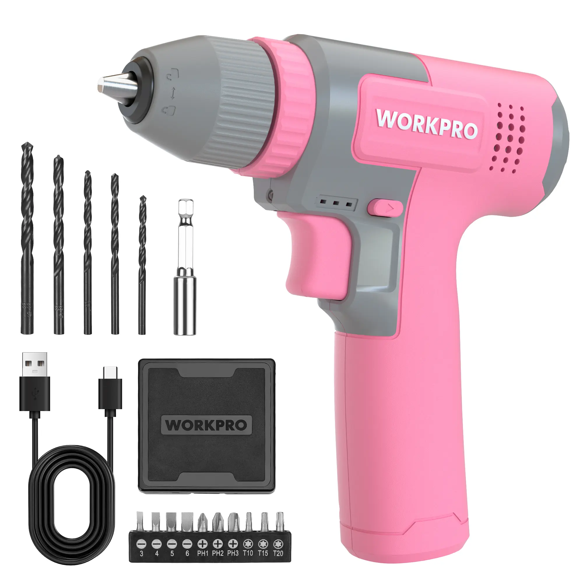 #fathersdaygift WORKPRO Pink Cordless 8V Drill Driver Set, 2Ah Electric Power Drill with 3/8'' Keyless Chuck, 15pcs Bits & 1 Type-C Charging Cord for Drilling and Screwing - Ribbon