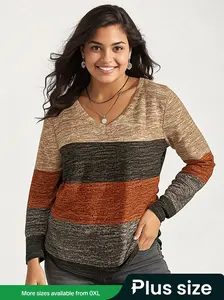 Women's Plus Size Striped V Neck Long Sleeve T-Shirt, Casual Fashion Print Top, Comfortable Fit for Daily Wear Womenswear