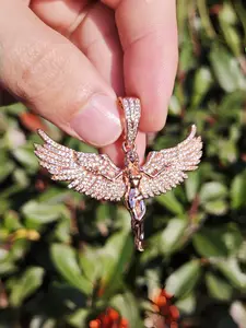 Hip Hop Rose Gold Plated Angel Necklace for Women - Iced Out Full Micro Pave CZ Diamond Winged Angel Pendant, Sparkly Bling Cubic Zirconia Guardian Angel Jewelry, Angel Wings Pendant, Gift for Her
