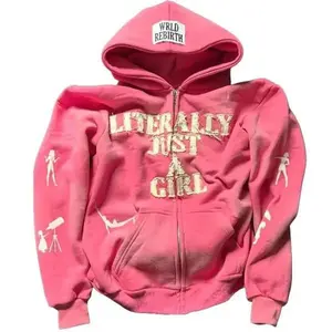 American Y2K Hip-Hop Style Pink 'Literally Just A Girl' 3D Printed Hoodie Unisex Loose Fit Zipper Cardigan Top for Men's Casual Wear