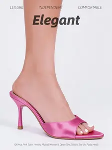 Women's Hot Pink Satin Heeled Mules | Elegant Open Toe Stiletto Heel Sandals | Y2K Barbiecore Slip-On Dress Shoes (For Party, Date Night & Vacation) | Women's Easy-Wear High Heel Sandals