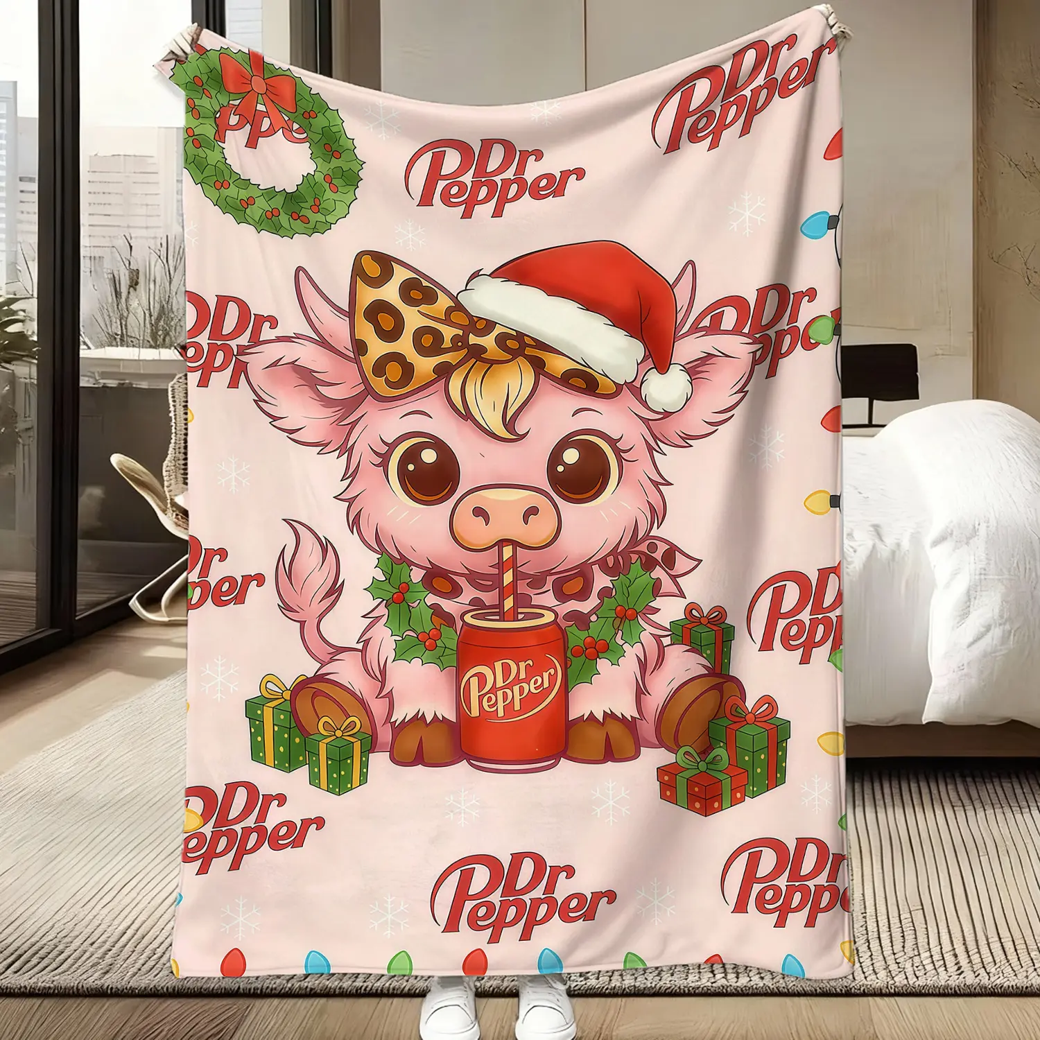 Dr Pepper Christmas Pink Highland Cow Flannel Throw Blanket - Soft, Cozy, Lightweight for Sofa Bed - Christmas Room Decor, Ideal Gift for Dr Pepper Fans