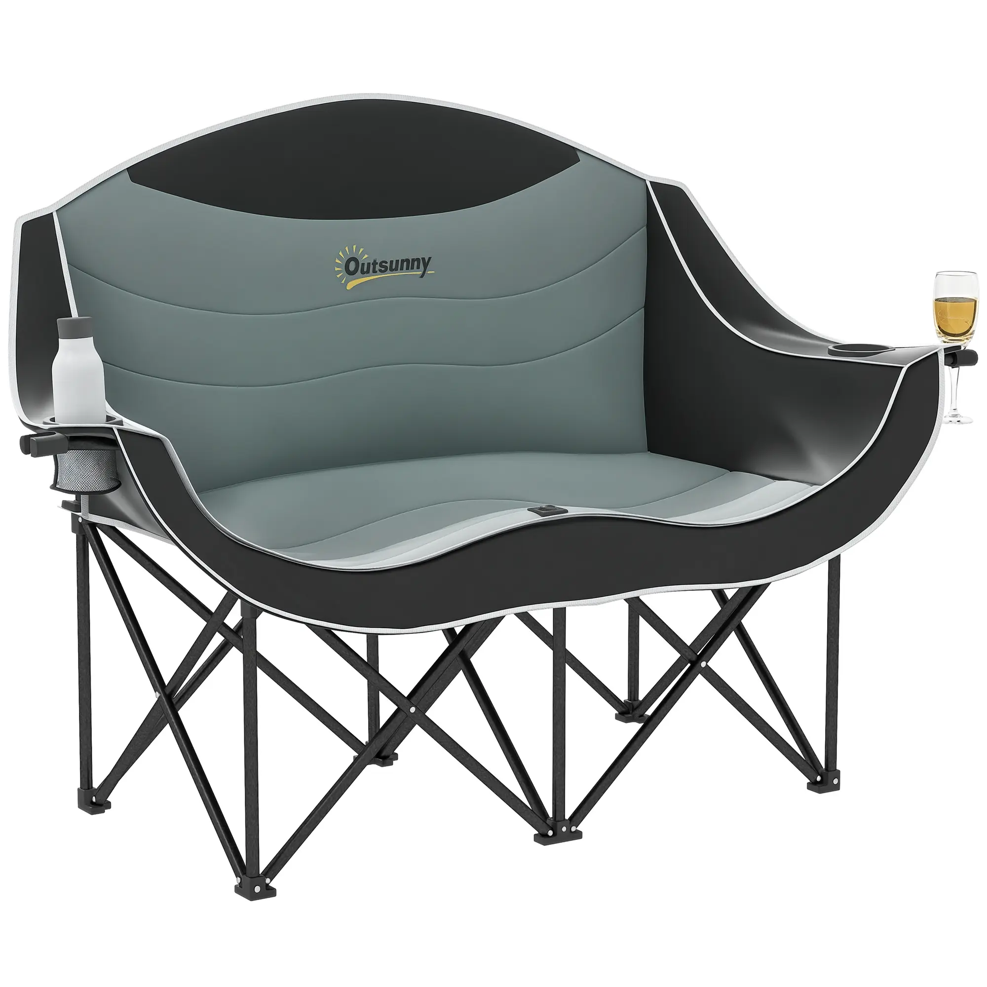 Outsunny Heavy-Duty Fold-Out Large 2-Person Camping Chair - Padded Adult Cup Holder Chair with Armrest, Wine Glass Holder, Carry Bag, Supports up to 551 lbs for Outdoor Use, Fold-Out Chairs, Cup Holder Chairs