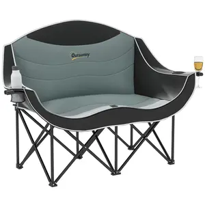 Outsunny Heavy-Duty Fold-Out Large 2-Person Camping Chair - Padded Adult Cup Holder Chair with Armrest, Wine Glass Holder, Carry Bag, Supports up to 551 lbs for Outdoor Use, Fold-Out Chairs, Cup Holder Chairs