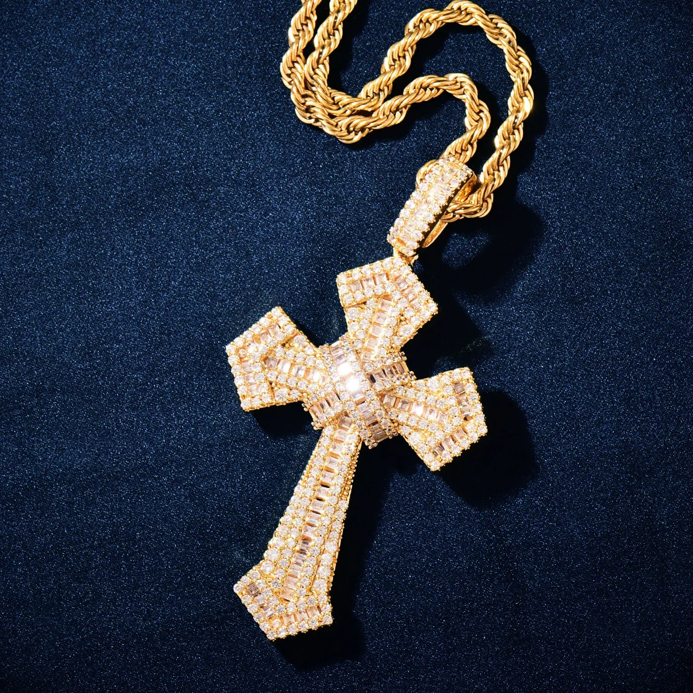 Men's Iced-Out Cross Necklace, Hip-Hop Inspired Moissanite Jewelry with Baguette Gemstones, Gold-Plated Copper Base Pendant for Everyday Wear, Micro-Inlay, Unisex, Hip Hop Jewellery, Iced Out Style