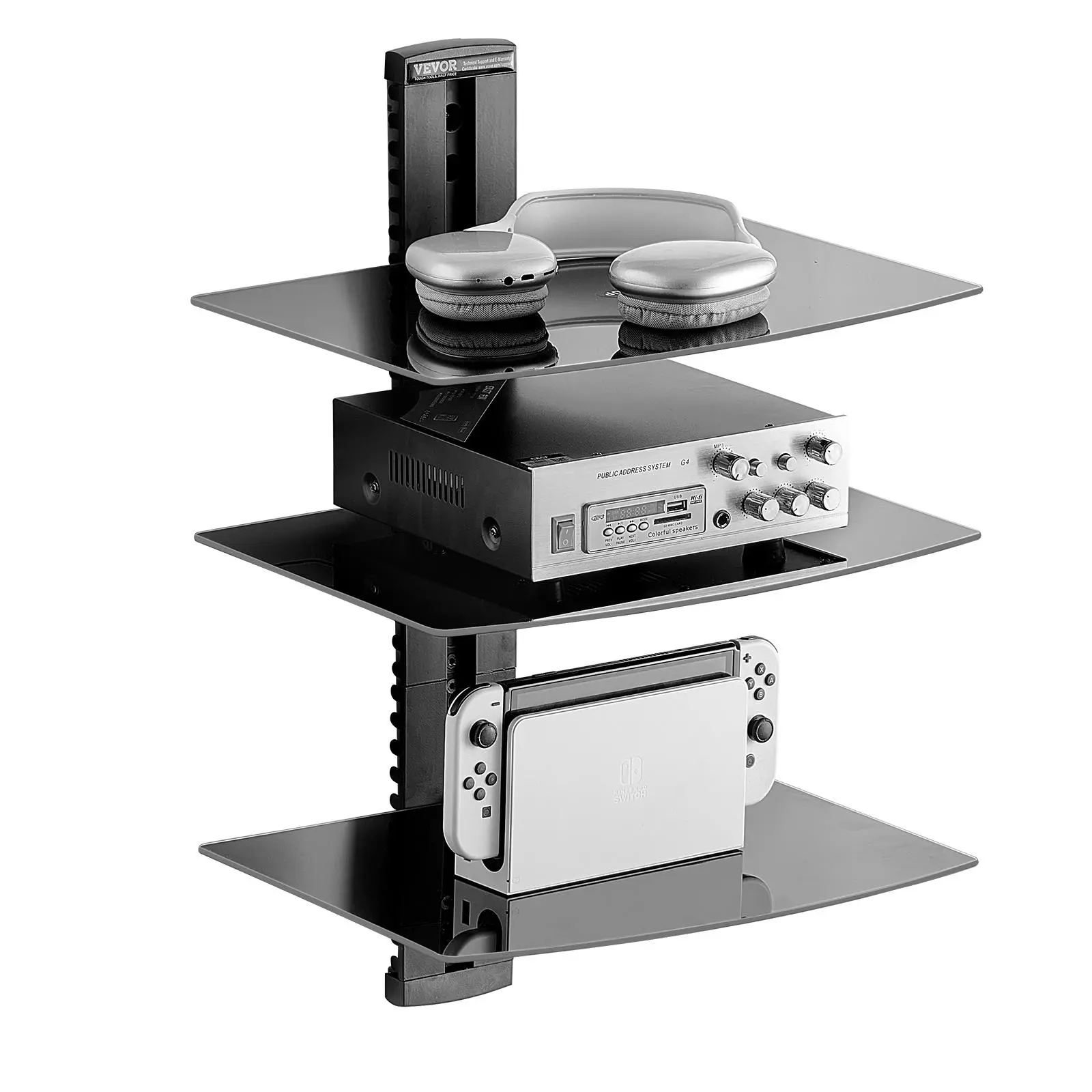 VEVOR Glass Floating Shelves, Holds up to 18 lbs, TV Wall Mount with Shelf,Strengthened Floating Entertainment Center for DVD Players / PS4 / Cable Boxes/Game Consoles/Sky Box/TV Accessories-3 Tiers