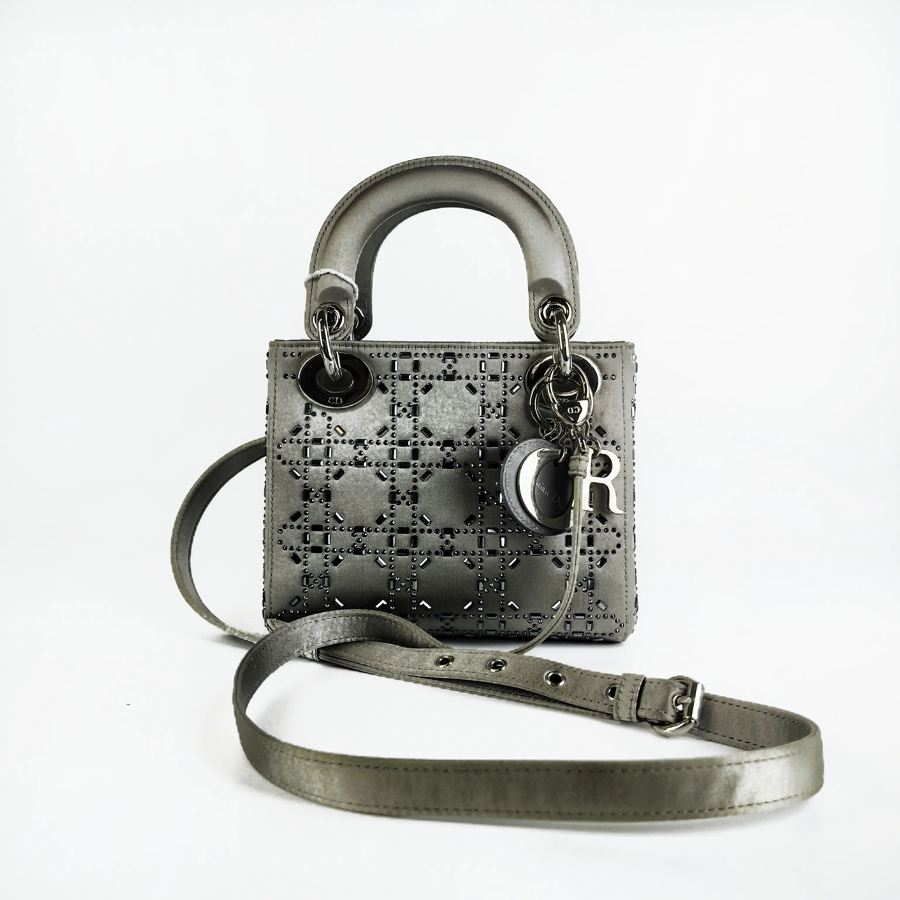Pre-owned Dior Mini Lady Grey Satin Crystal Cannage Handbag with Strap【919】