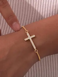 Rhinestone Decorated Cross Charm Bracelet, Fashionable Jewelry for Women & Men, Trendy All-match & Exquisite Jewelry for Birthday Gift, Faith Wear Jewelry, Fashion Jewelry Accessories