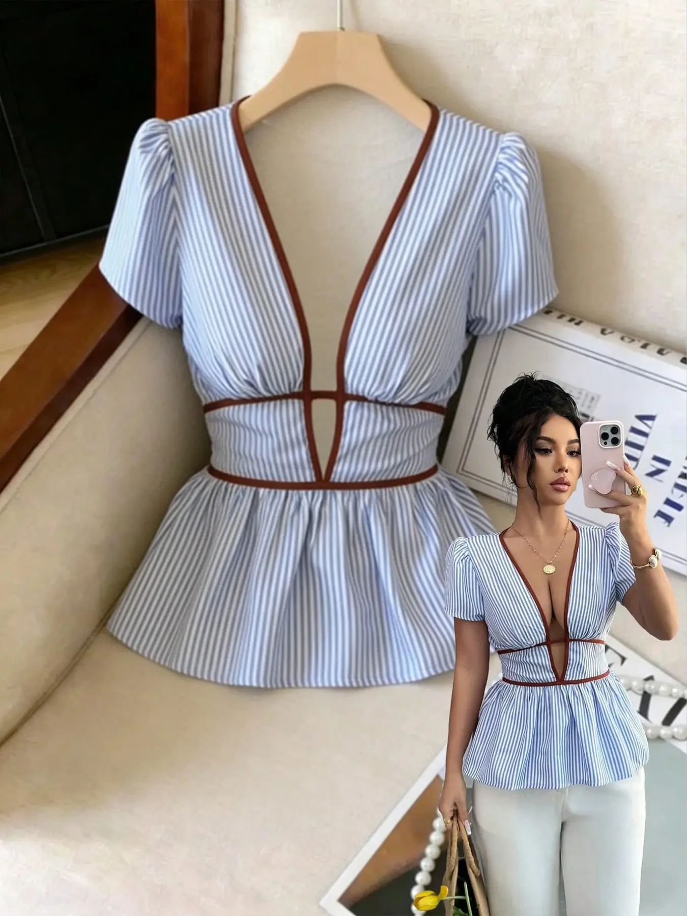 Elegant Summer Vacation Beach Shirt Blue Striped Deep V Neck Fit Sexy Cut Out Women's Blouse Shirt Top, Stylish and Chic Design for Special Occasions