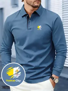 Men's Vatican City Print Long-Sleeve Polo Shirt, Soft & Breathable Fabric, Comfortable for All Seasons, Fashionable & Versatile, Suitable for Business Gatherings, Outdoor Sports & Daily Wear, Men's Casual & Business Collared Shirt