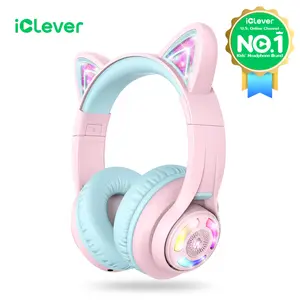 iClever Kids Cat Ear Bluetooth Headphones with LED Lights Up Volume Limited 50H Playtime for iPad Tablet Travel Audio Headset