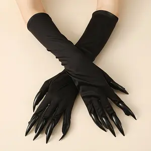 Halloween Long Nail Gloves, Black Adult Elastic Five-Finger Gloves, Opera Long Gloves, Red Nail Gloves, Suitable/Mardi Gras/ Masquerade