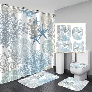 4 Pcs Beach Shower Blue Sets with Shower and Rugs Ocean Shower Set Accessories Seashell Rug Set Nautical Lid Cover