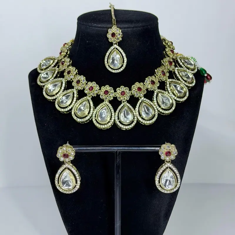 Bollywood Kundan Polki Set with Earring and Tikka for Festive Wear