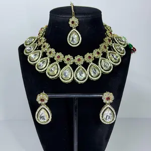 Bollywood Kundan Polki Set with Earring and Tikka for Festive Wear