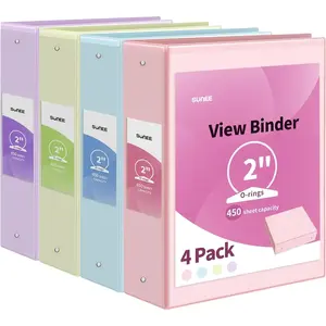 3 Ring Binders 2 Inch 4 Pack, Clear View Binder Three Ring PVC-Free (Fit 8.5x11 Inches) for School or Office Supplies, Assorted Pastel
