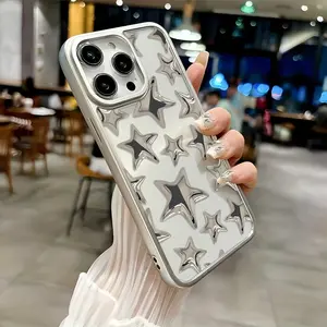 Y2K Silvers Color Stars Phone Case for iPhone 16 15 14 13 12 11 Pro Max X XR XS Max 8 7 Plus, Luxury Transparent Soft Protective Back Cover