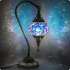 Turkish Moroccan Lamp with Bronze Base 3-Way Color Changing Handmade Swan Neck Tiffany Mosaic Glass Bedside Lamps for Bedroom (LED Bulb Included) (Colorful) Decorative Design Starry Sky Lights Mood Lighting neon signs