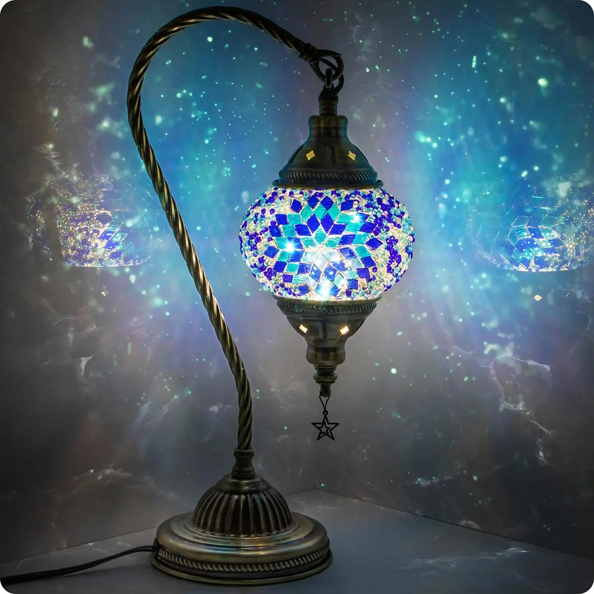 Yarra-Decor Turkish Moroccan Lamp with Bronze Base 3-Way Color Changing Handmade Swan Neck Tiffany Mosaic Glass Bedside Lamps for Bedroom (LED Bulb In