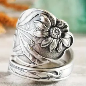 1pc Exquisite Vintage-Inspired Daisy Flower Carve Open Ring - Unique Spoon Ring Design, Wedding Jewelry, Romantic Valentine's Day Gift, Adjustable Size for Women
