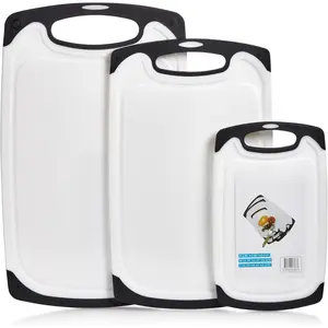 Plastic Boards for Kitchen 3 Pcs - 3 SIZES, Non-Slip Chopping Board with Juice Groove & Easy Grip Handles --- { White And Black Color }