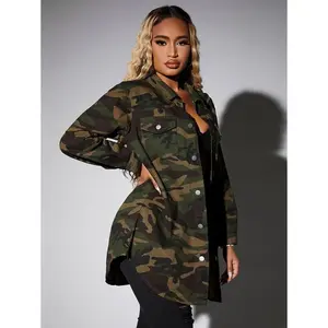 Women's Spring/Autumn Camouflage Printed Cargo Pocket Long Sleeve Casual Denim Jacket Cotton Fabric Can be used with a raincoat