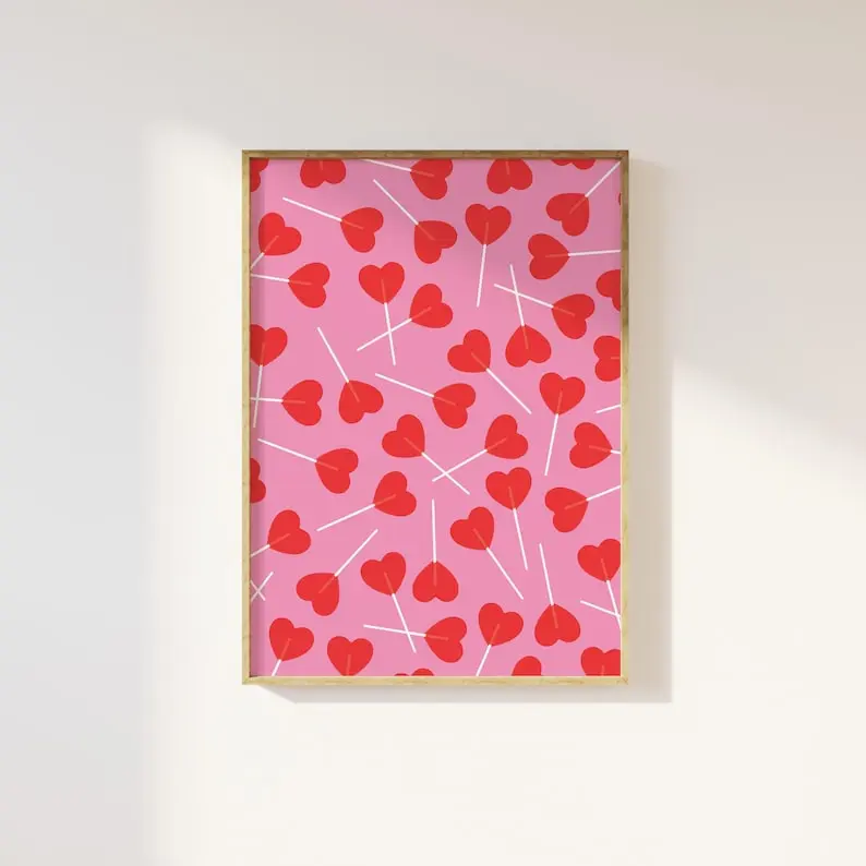 [UNFRAMED POSTER] Heart Lollipop Print, Digital Art Print, Cute Valentine's Decor, Heart Candy Wall Art, Trendy Red Pink Art Print