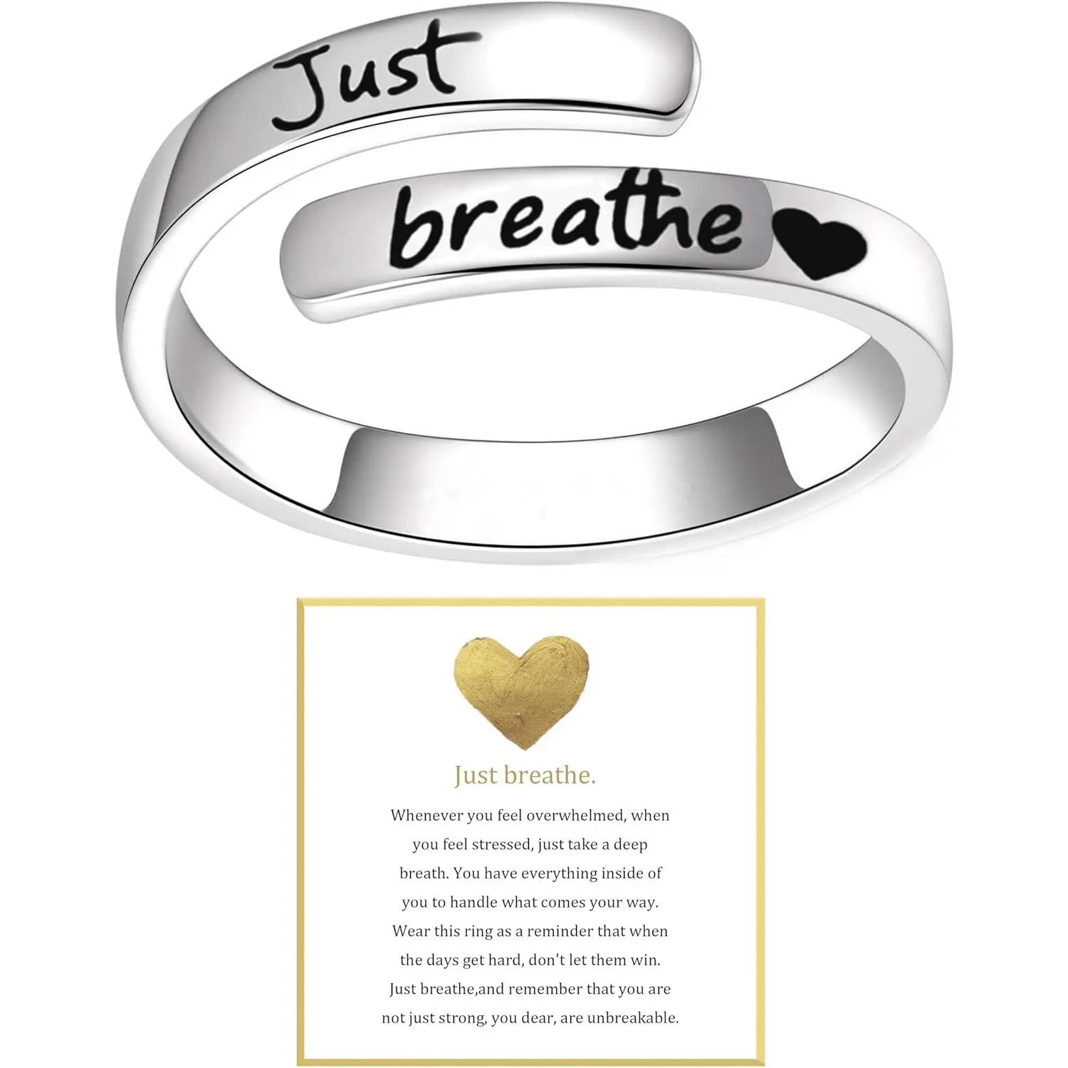Just Breathe Ring for Women - Adjustable Stainless Steel Spiral Wrap - Open Motivational Encouragement with Heart Design