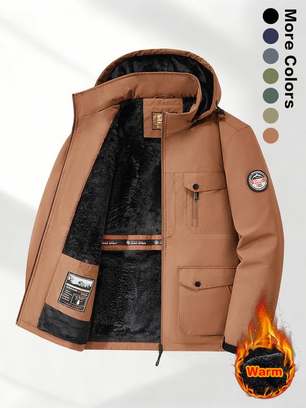Men's Winter Sherpa Fleece Lined Hooded Jacket, Warm Windproof Multi-Pocket Work Coat, Suitable for Outdoor Activities and Casual Wear