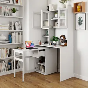 Modern L-Shaped Home Office Desk with 90° Rotating Retractable Desktop, Glass Door, Hutch, Drawers, Bookshelf, Storage Shelves, Gaming Computer Corner Table for Work, Study, Modern Gaming Setup, White