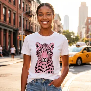 Women's Pink Leopard Print Short Sleeve T Shirt Vintage Graphic Tee Y2K Aesthetic Oversized Casual Summer Top Punk Music Note Tunic