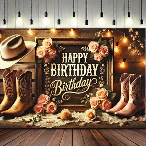 1pc Rustic Western Cowboy Boots & Roses Happy Birthday Banner, 7x5ft Polyester Photography Backdrop, Indoor & Outdoor Party Decoration, Festive Studio Prop, No Electricity Needed