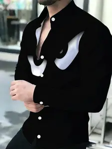 Angry Face Emoji Print Shirt, Casual Shirts - Funny Black Long Sleeve Button Up for Men