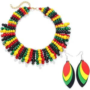 Statement Layered Necklace Colorful Beaded Bib Necklaces with Earrings Long Multi Strand Costume African Necklaces Set for Women