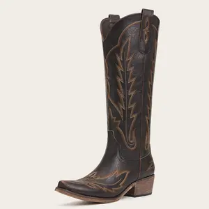 Classic Tall Cowgirl Boots with Flame Embroidery Western Design Comfortable Heel Soft Fit for Women Snip Toe Side Zipper Breathable Mesh Lining