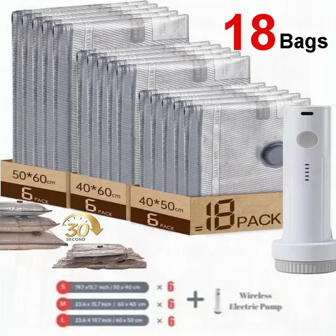 Reusable Vacuum Storage Bags (PA+PE Fabric) with Rechargeable USB Lightweight Cordless Air Pump - 18Bags+1Pump, 9/18 Multi-Size Packs, 19.7×23.6in Portable Storage Bag, Airtight Dust-Locked Organiser for Luggage, Clothes