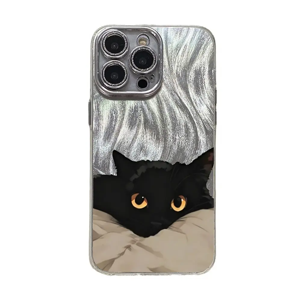 Adorable Black Cat Multi-Model Casing Cover for iPhone 17,16,15,14,13,12,11 Pro Max Plus - TPU Holographic Shimmer Silver, Glitter Silver Foil, Anti-Drop Shockproof, Sleek Cute Accessories, Shockproof Cellphone Accessory